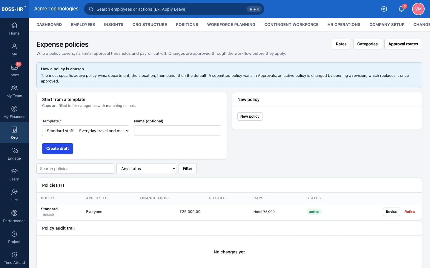 BOSS HRMS Expense policies screen