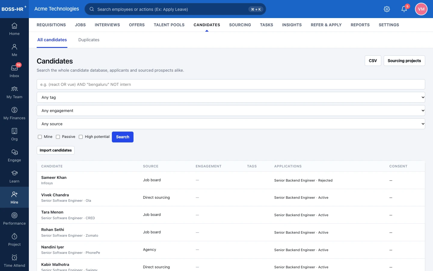 BOSS HRMS Candidates screen