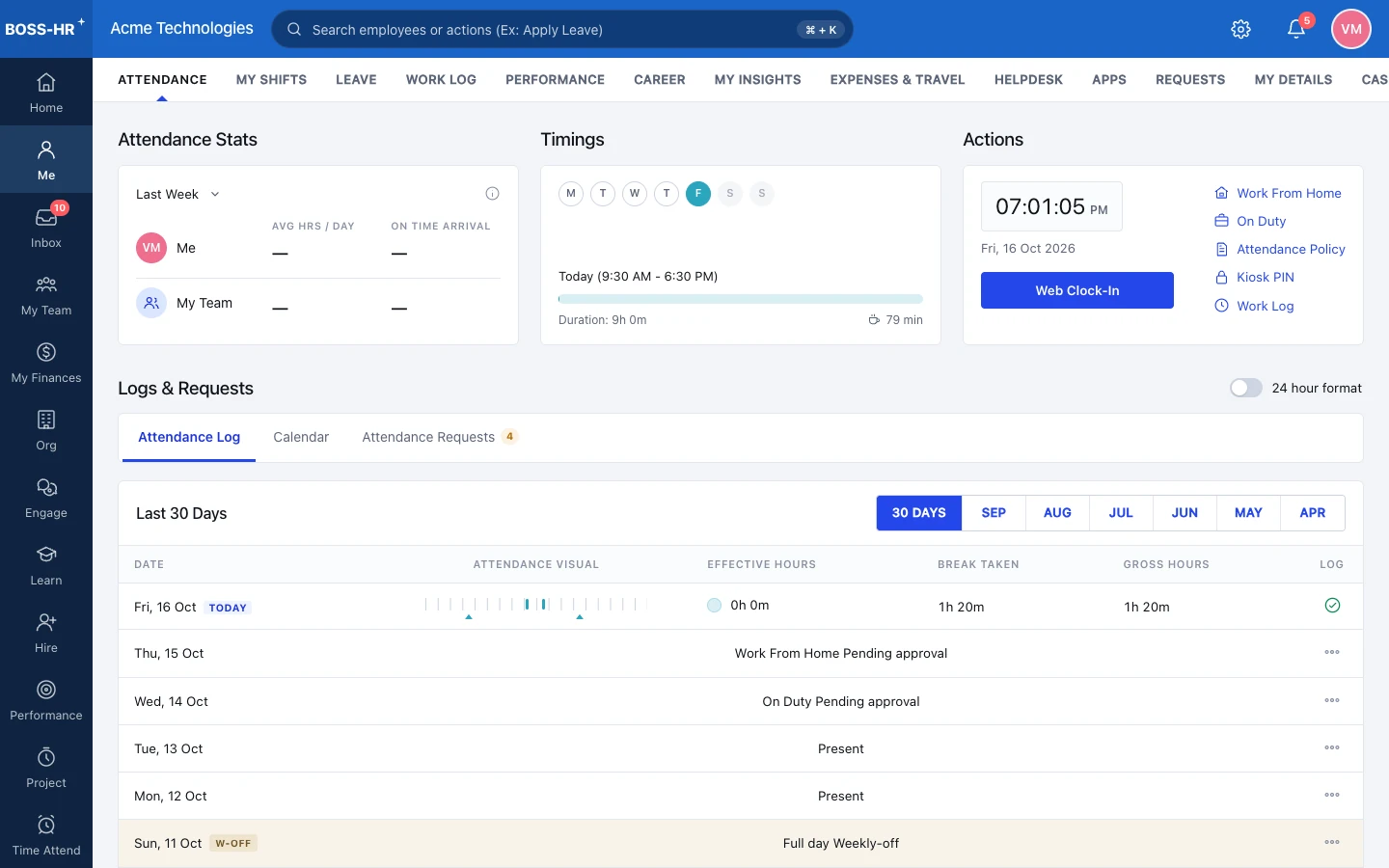 BOSS HRMS My attendance & web clock-in screen