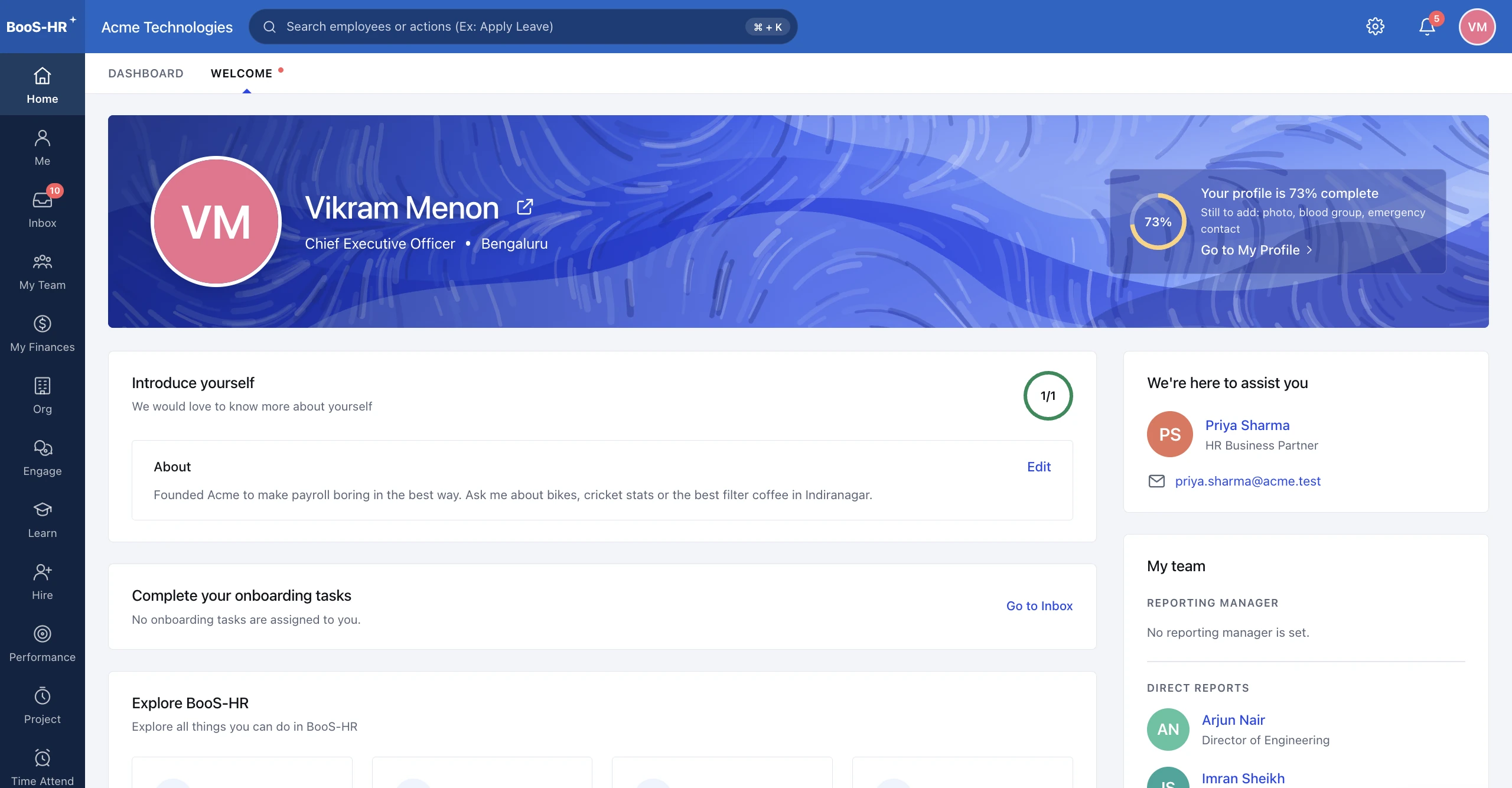 BOSS HRMS Welcome & profile screen